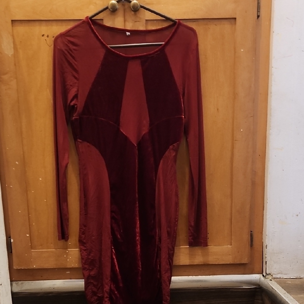 Elegant Burgundy Long Sleeve Dress. See Through Mesh Also MadeWith Velvet Cover